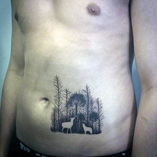 Deer And Wolf Silhouette Mens Lower Stomach Tattoo Ideas