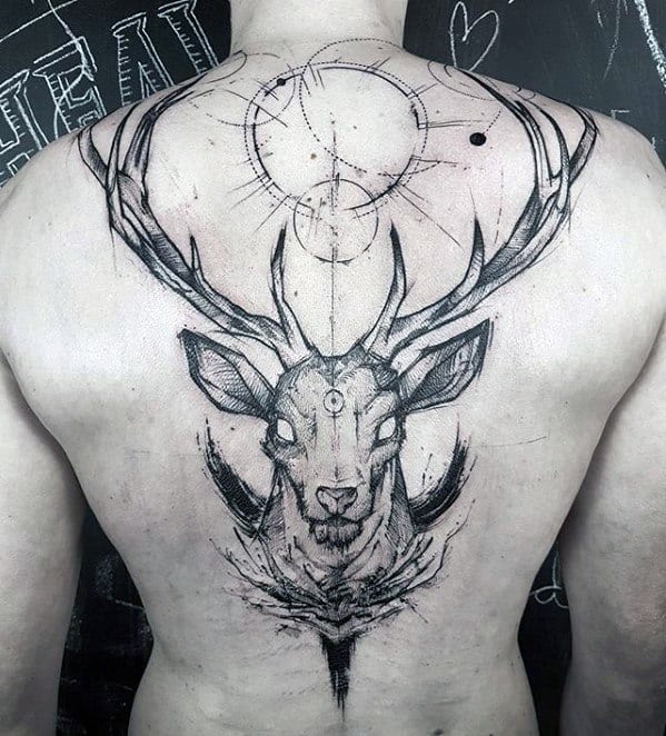 Deer Back Sketch Tattoo Designs For Guys
