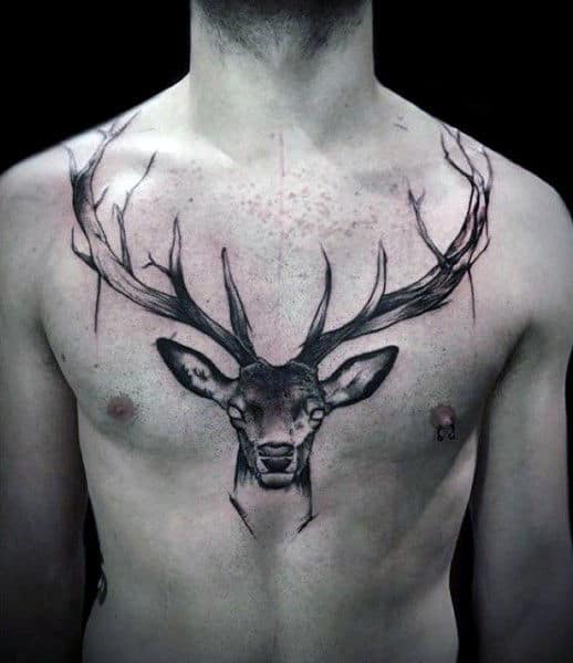 Deer Chest And Collar Bone Tattoo On Man With Watercolor Idea Inspiration