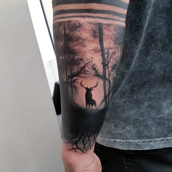 Deer In Empty Forest Guys Outer Forearm Tattoo