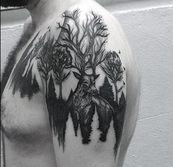 Deer In Forest Mens Negative Space Upper Arm Tattoos