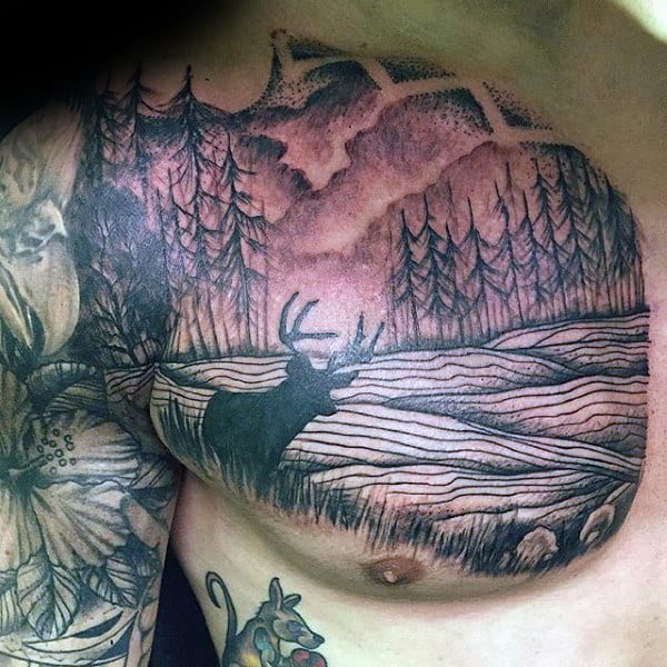 Deer In Forest Mens Upper Chest Landscape Tattoos