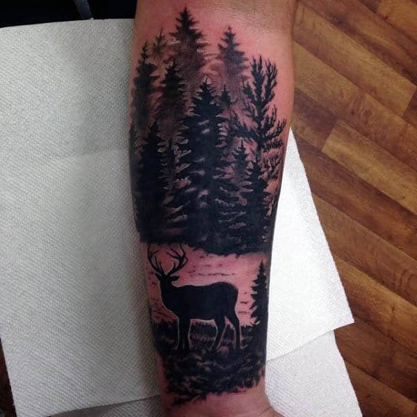 Deer In Woods Silhouette Mens Forearm Tattoos