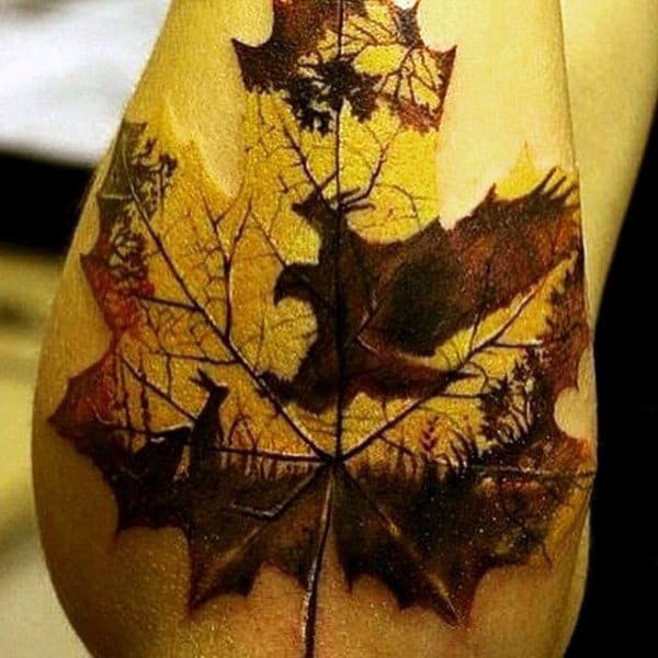 Deer Nature Leaf Tattoo Designs For Men