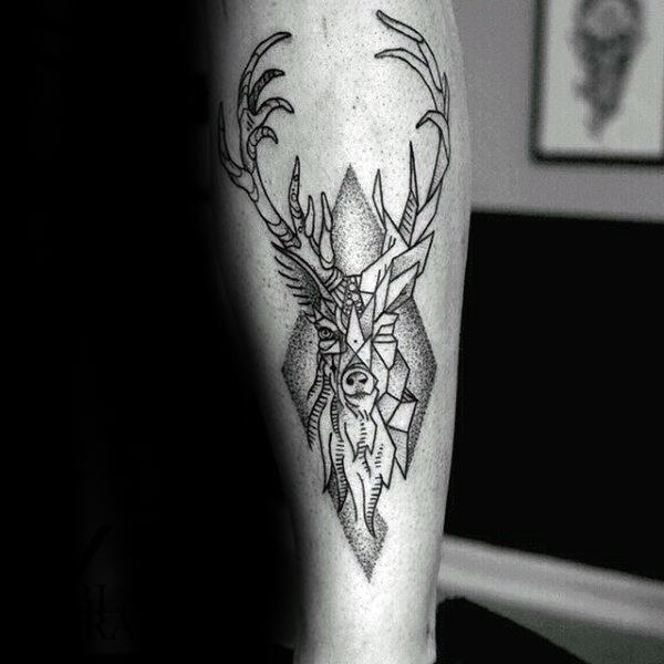 Deer Origami Guys Dotwork Back Of Leg Tattoo Design