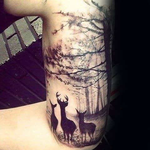 Deer Tree Sleeve Mens Tattoo Ideas