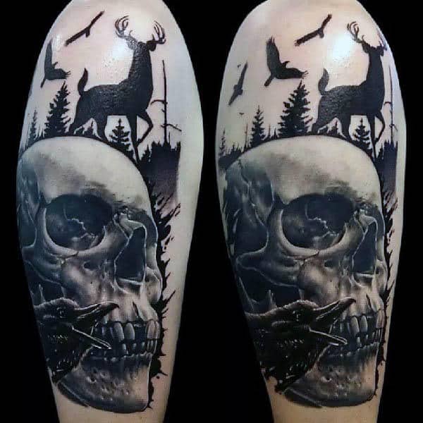 Deer With Skull Silhouette Mens 3d Tattoo On Arm