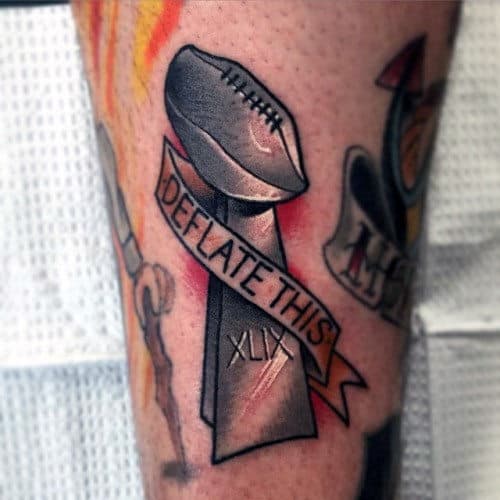 Deflate This Banner New England Patriots Trophy Mens Small Leg Tattoo