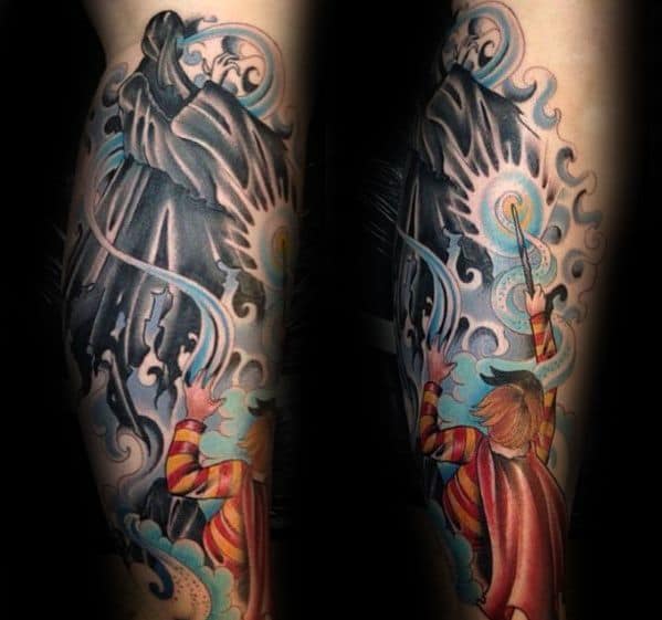 Colorful Harry Potter tattoo showing a Dementor attack, with Harry casting a Patronus spell in vibrant, dynamic detail.