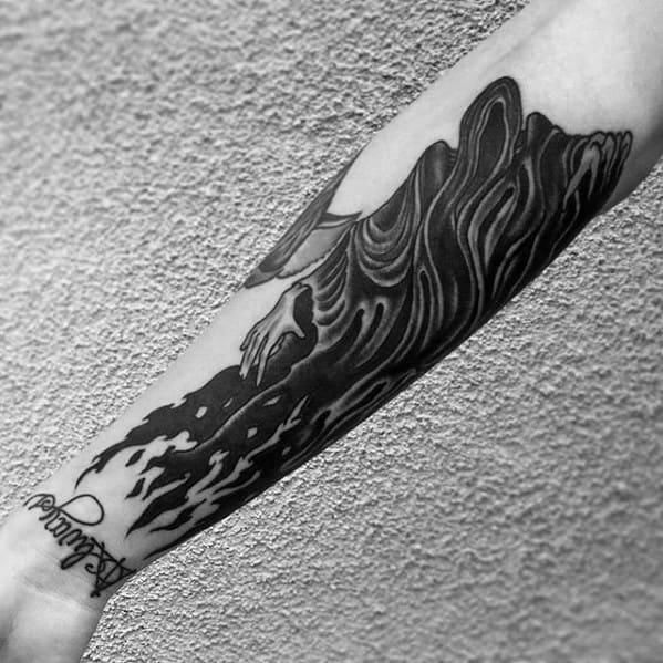 Forearm tattoo of a flowing, shadowy Dementor in black and grey ink, with dramatic lines and the word “Always” scripted below.