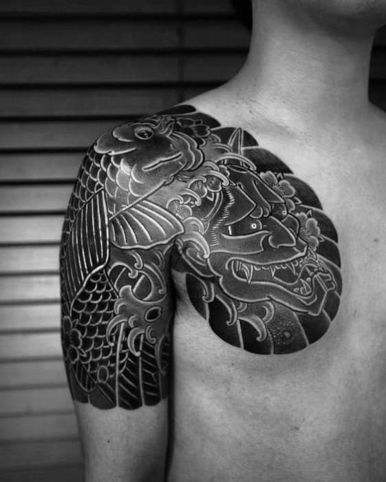 Demon Mask Guys Japanese Chest Cover Up Tattoos