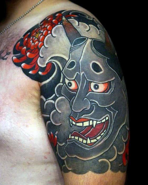 Demon Mask Japanese Male Cloud Half Sleeve Tattoo