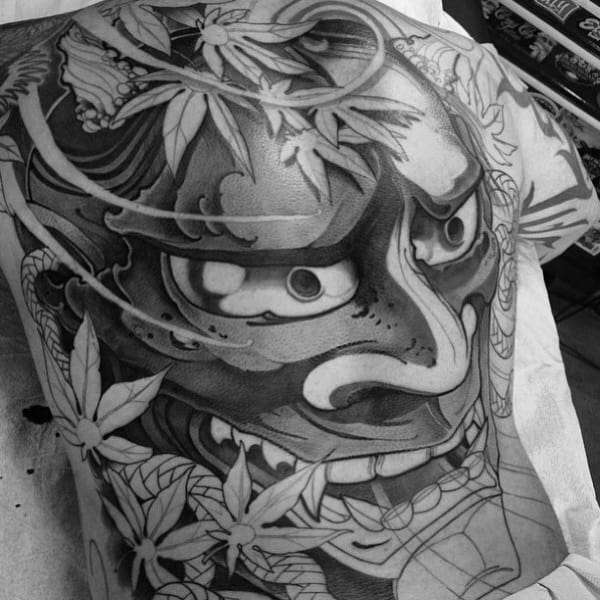 Demon Mask Maple Leaf Guys Japanese Back Tattoos