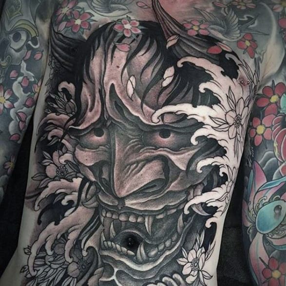 Demon Mask Oni Guys Wave Japanese Full Chest Tattoos
