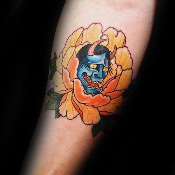Demon Mask Peony Small Mens Inner Forearm Tattoos