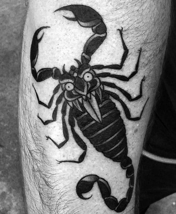 Demon Mask Traditional Scorpion Mens Leg Tattoo