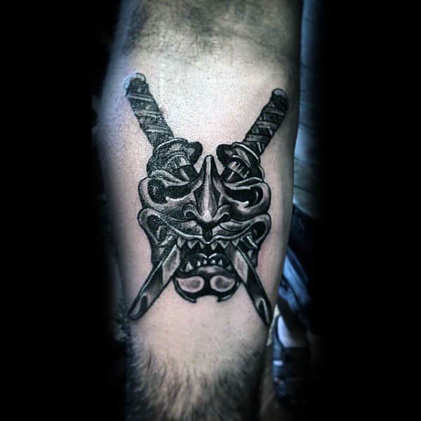 Demon Mask With Crossed Katanas Mens Inner Forearm Tattoo