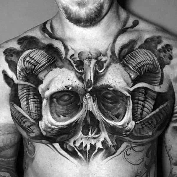 Demon Skull Unbelievable 3d Male Upper Chest Tattoo Ideas