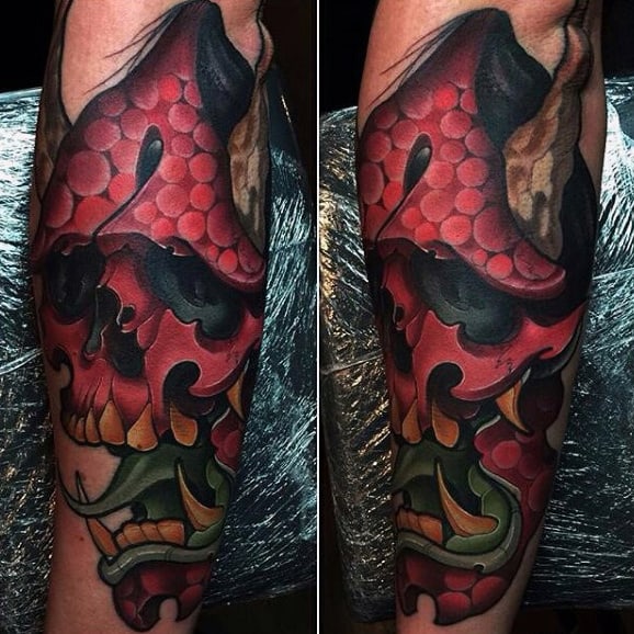 Demonic Guys Hannya Mask Forearm Sleeve Tattoos