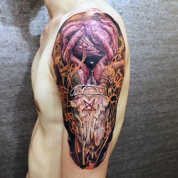 Demonic Male Goat Half Sleeve Tattoo Design Ideas