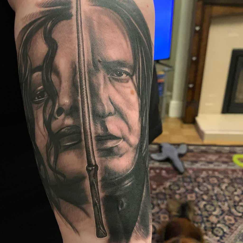 Black and grey tattoo of Severus Snape and Bellatrix Lestrange with a wand splitting their faces