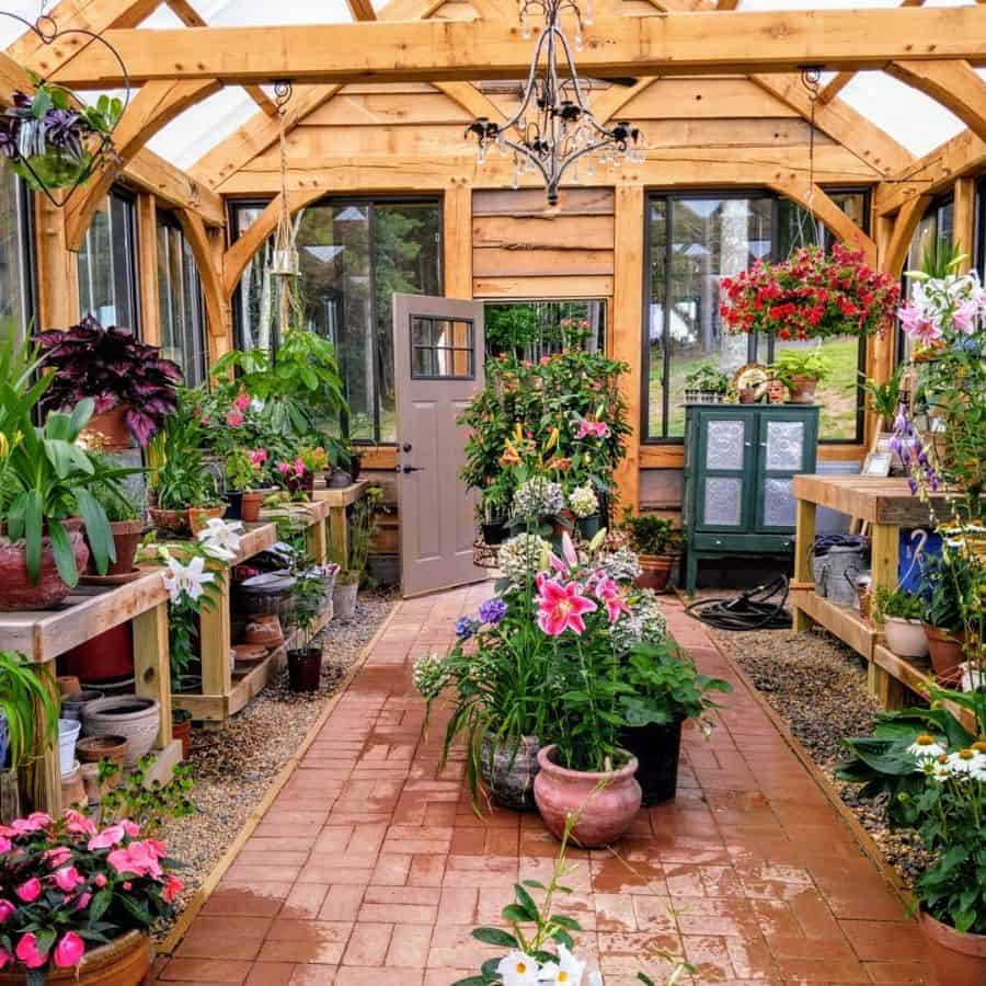 wood greenhouse flowers chandelier