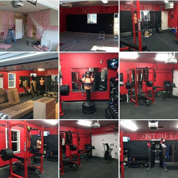 Garage gym with red squat rack, weight benches, cardio machines, and organized workout equipment.