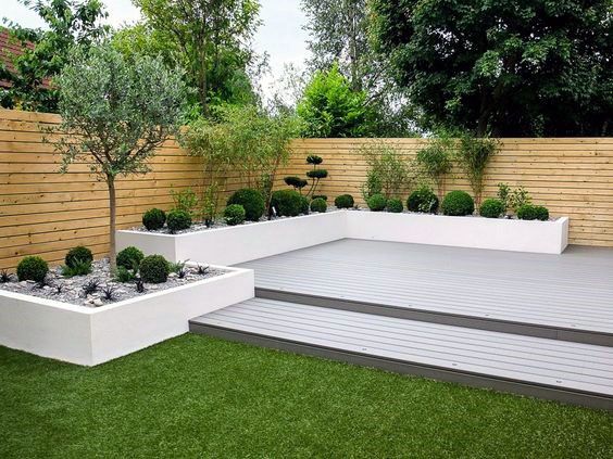 modern deck with built-in plant boxes