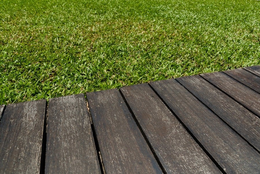 Wooden deck walkway beside lush green lawn under sunlight