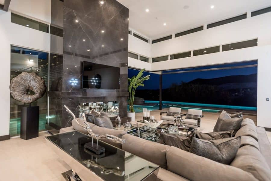 luxury modern living room with pool view