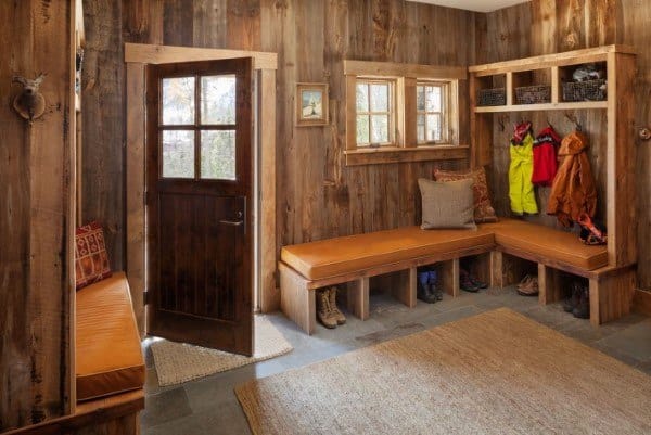 wood mudroom with bench seating