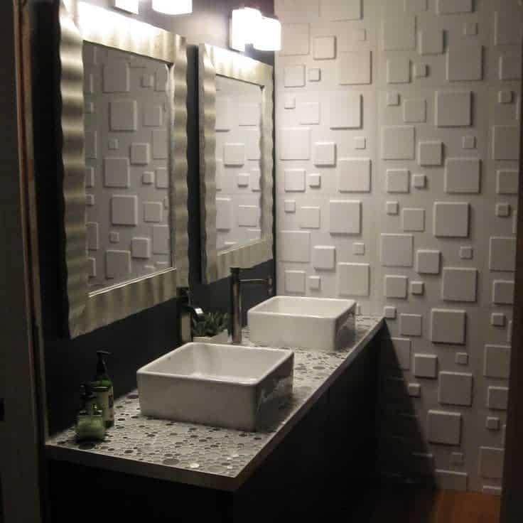 white textured wall paneling bathroom