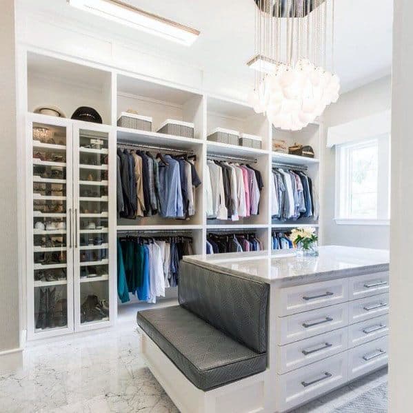 Designs Closet Lighting Chandelier In Center Of Room With Island And Bench Seat