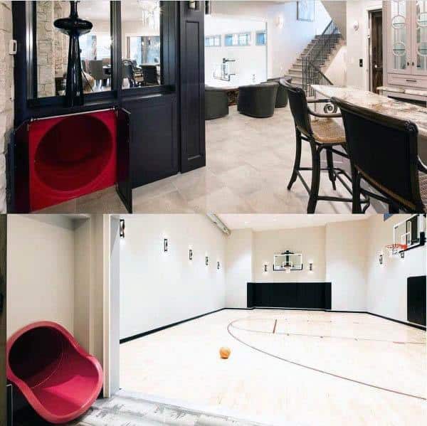 Interior featuring a small basketball court, red chair, slide view to modern dining area and staircase