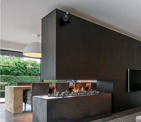 double-sided linear fireplace