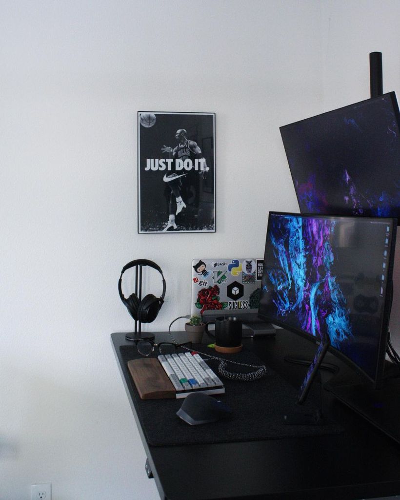 simple black desktop desk setup nike poster
