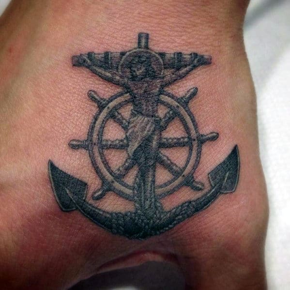 Detailed Anchor Cross Mens Hand Tattoo Ideas