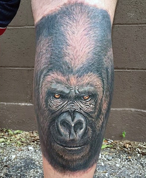 Detailed Back Of Leg Calf Mens Gorilla Face Tattoos