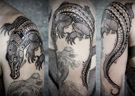 Detailed Black Alligator Tattoo Guys Shoulder