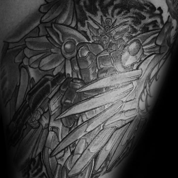 Detailed Black And Grey Shoulder And Arms Mens Tattoo Ideas With Gundam Design