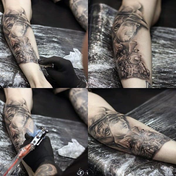 Detailed Black And White Tattoo Of Two Western Men And Train