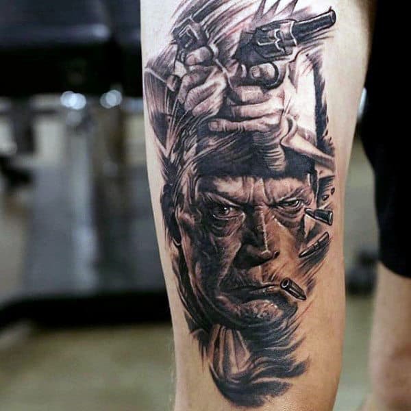 Detailed Black And White Tattoo On Guy Of Old Man Smoking With Gun