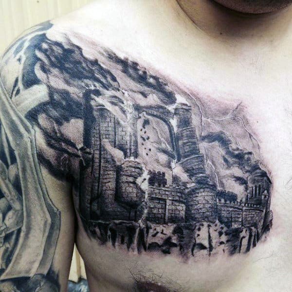 Detailed Broken Castle Upper Chest Tattoo For Men