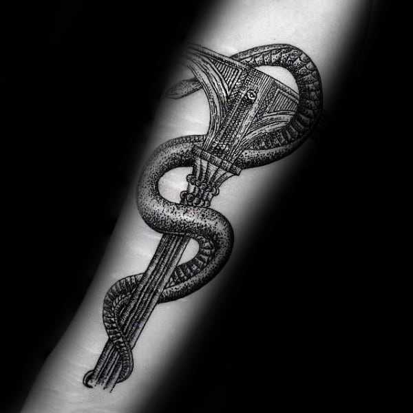 Detailed Caduceus Rod Of Hermes Male Tattoo Designs