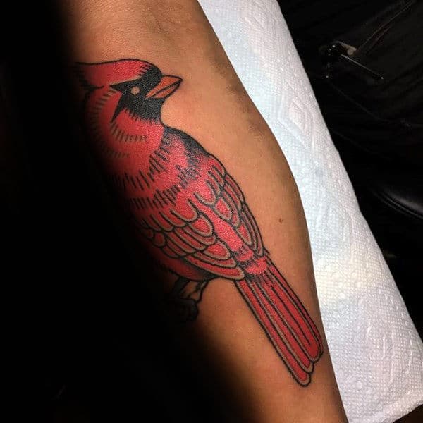 Detailed Cardinal Male Red Ink Forearm Tattoos