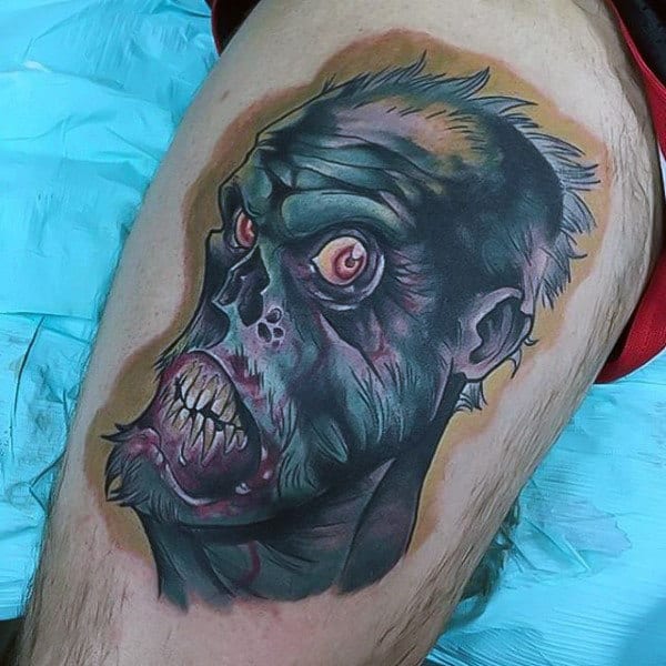 Detailed Cool Mens Thigh Tattoo Of Chomping Zombie