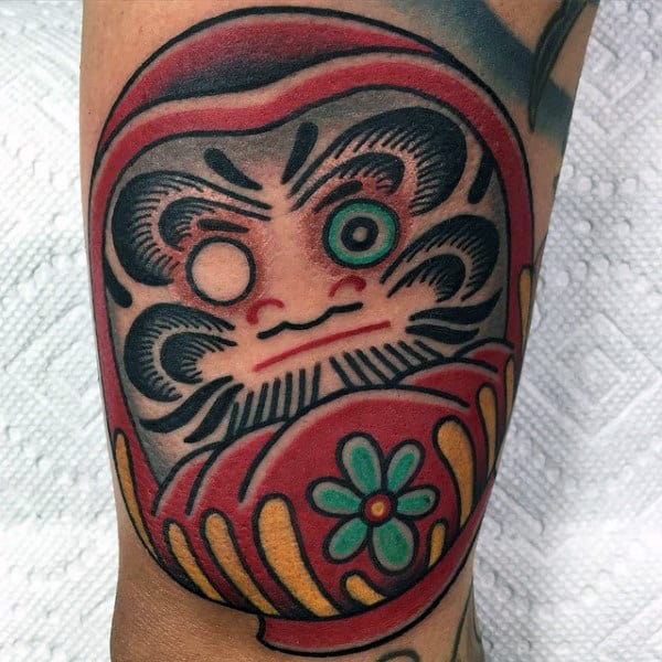 Detailed Daruma Doll Mens Red Ink Forearm Tattoo
