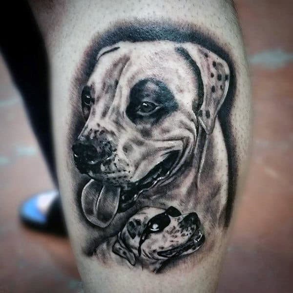 Detailed Dog With Sunglasses Shaded Black In Leg Calf Male Tattoo