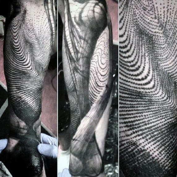Detailed Dotwork Male Fingerprint Full Sleeve Tattoos