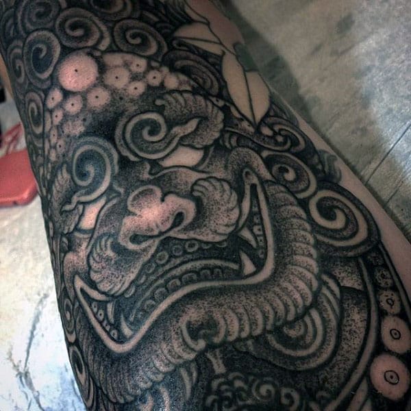 Detailed Dotwork Male Foo Dog Tattoos